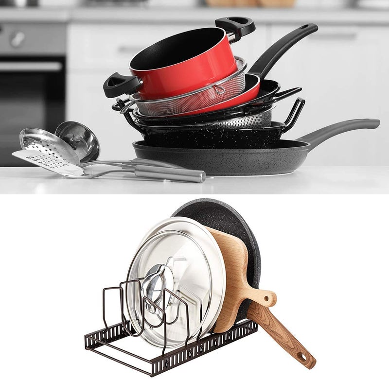 توبلايف رف منظم لأغطية الأواني من Toplife للخزانة والسطح، 7+ أغطية للمقلاة وحامل منظم لأدوات الخبز مع 7 مقصورات قابلة للتعديل - بني - Image 3